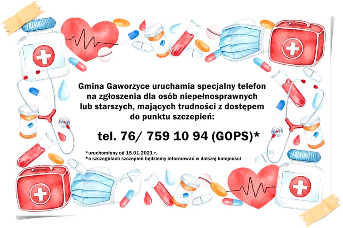 Grafika informująca o numerze telefonów ws. transportu do punktu szczepień w Gaworzycach