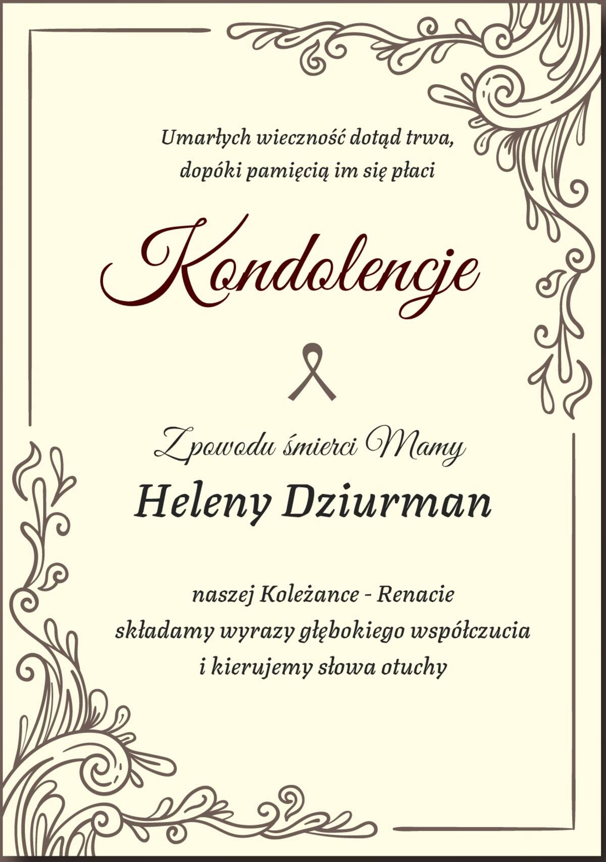 Grafika z kondolencjami dla Renaty Dziurman z powodu śmierci matki