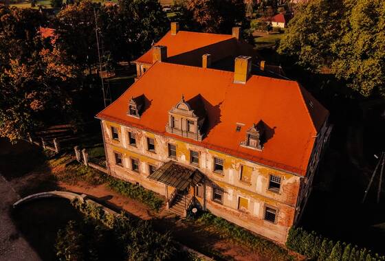 Zdjęcie z drona przedstawiające zabytkowy Pałac w Dalkowie.
