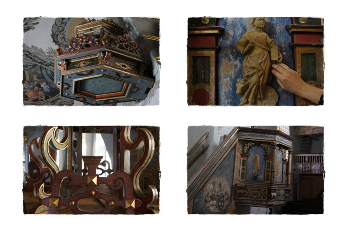 Mix czterech zdjęć przedstawiających ambonę w kościele pw. św. Jana Chrzciciela w Kurowie Wielkim
