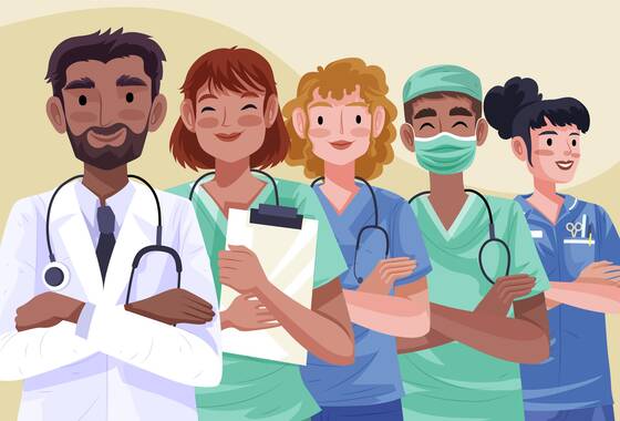 Zdjęcie przedstawia ilustrację lekarzy i pielęgniarek