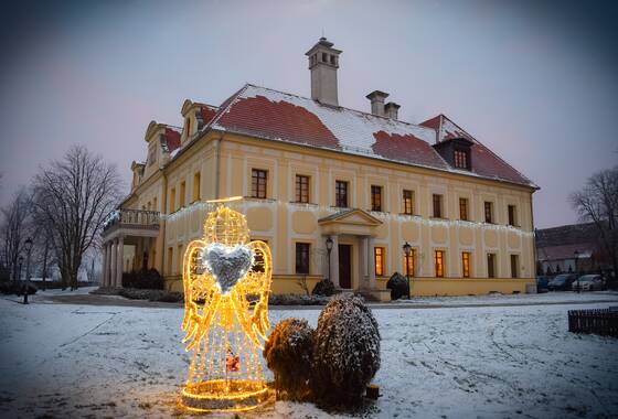 Zdjęcie ozdoby w postaci świecącego anioła na tle pałacu w Gaworzycach