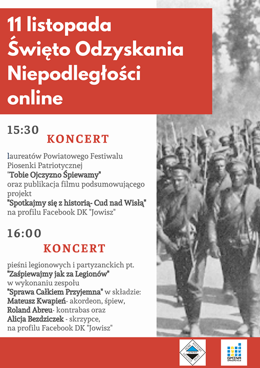 Plakat informujący o wydarzeniach online Domu Kultury Jowisz. Tekst powielony w treści zaproszenia.