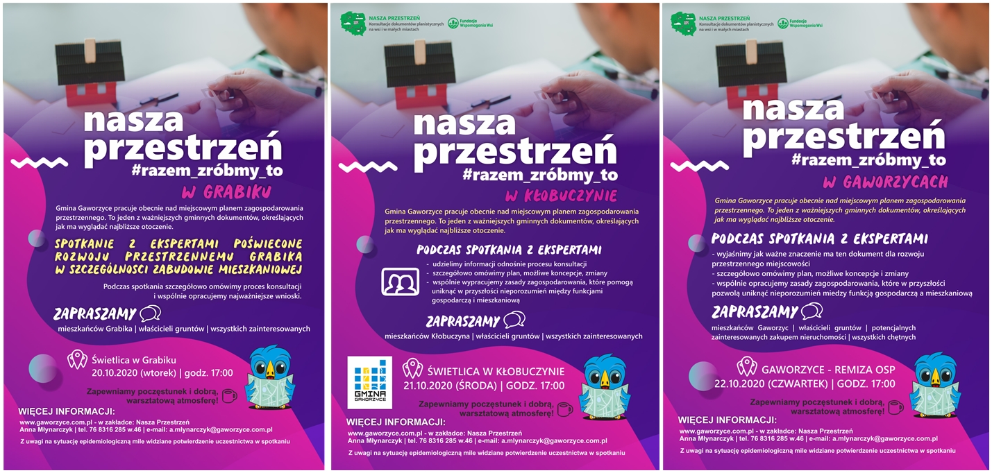 3 plakaty połączone w jeden plik, na których widnieją informacje o spotkaniach w Grabiku, Kłobuczynie, i Gaworzycach. Informacje powielone w tekście.