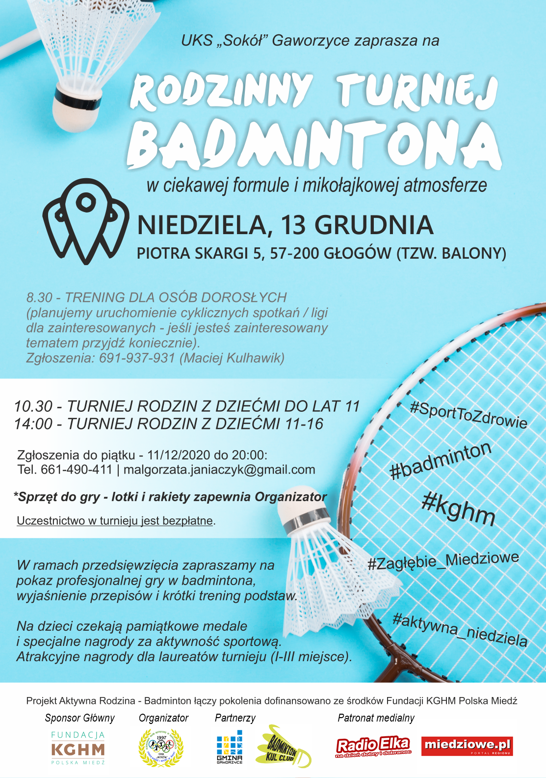 Informacja o turnieju badmintona realizowanym przez UKS Sokół w niedzielę 13 grudnia 2020 w Głogowie