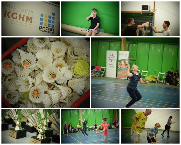 Mix zdjęć z turnieju przedstawiający grające dzieci wraz z rodzicami, banner Fundacji KGHM I GMINY, i motyw przewodni w postaci lotek do badmintona
