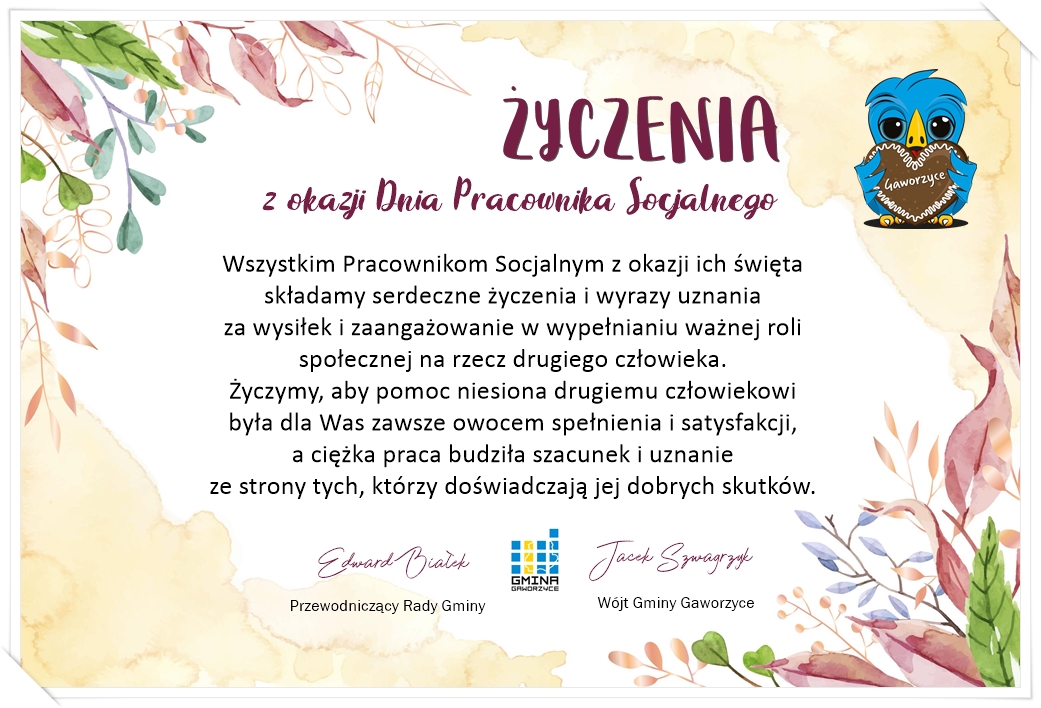 Życzenia wszystkiego najlepszego skierowane do pracowników socjalnych podpisane przez Wójta Gminy oraz Przewodniczącego Rady.