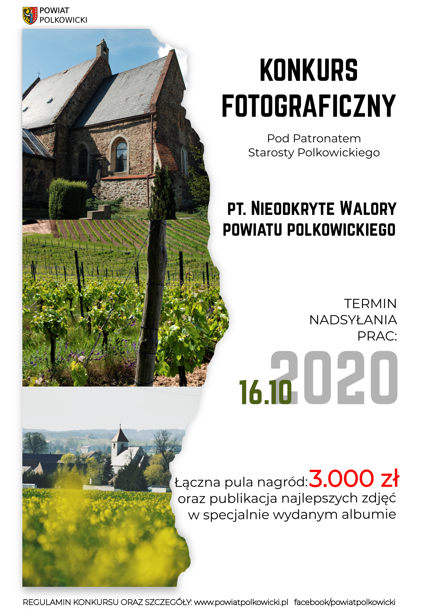 Plakat konkursu, z krajobrazami Powiatu Polkowickiego i informacją że termin zgłoszeń upływa 16.10.2020 r.