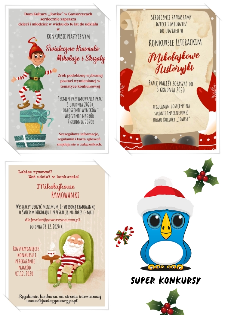 Mix plakatów z Domu Kultury Jowisz w Gaworzycach odnośnie konkursów o tematyce świątecznej.