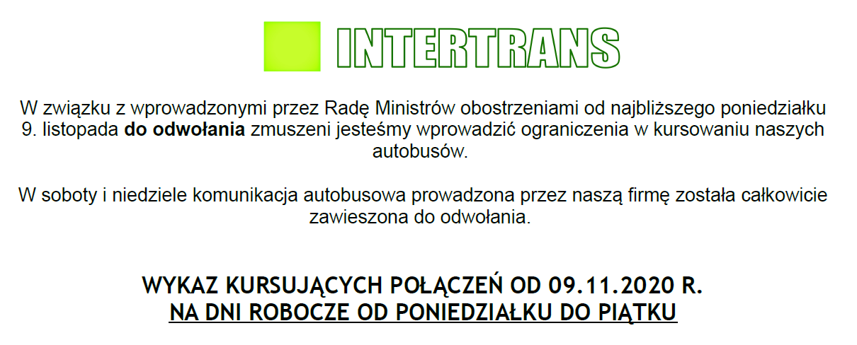 Komunikat o firmy Interntrans PKS S.A. o zawieszeniu autobusow
