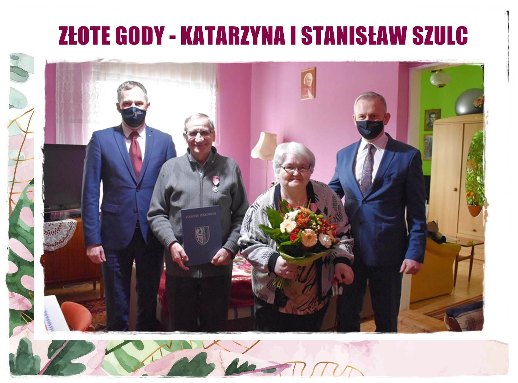 Zdjęcie Jubilatów z Wójtem Gminy i Starostą Powiatu Polkowickiego.