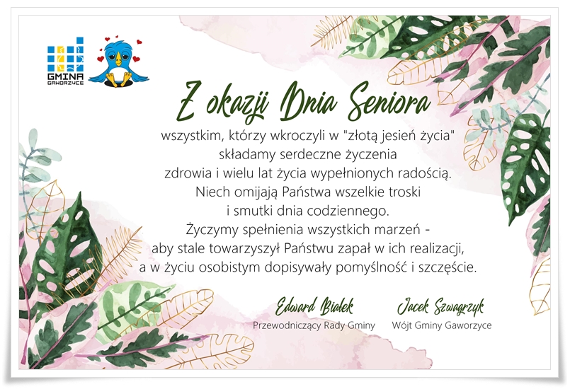 Życzenia z okazji Ogólnopolskiego Dnia Seniora na ozdobnej karcie z logiem gminy Gaworzyce
