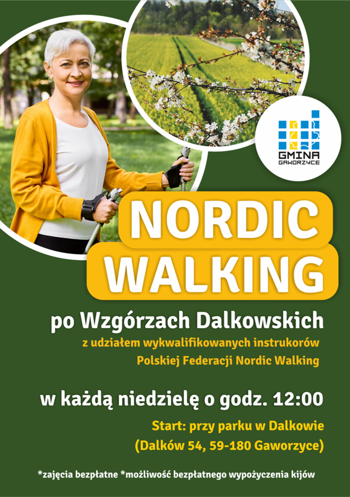 plakat promujący spacery nordic walking po wzgórzach dalkowskich wiosną 2021
